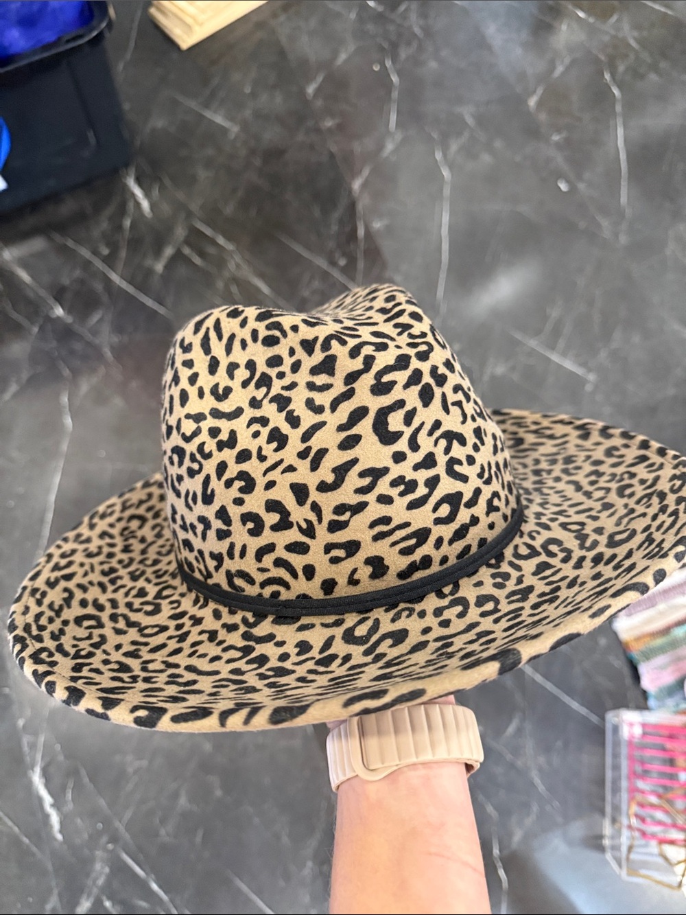 Leopard Print Wide Brim Fedora Hat - Tan & Black